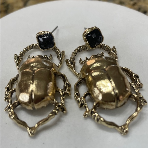 Gold Beatle Insect Earrings - Picture 12 of 14